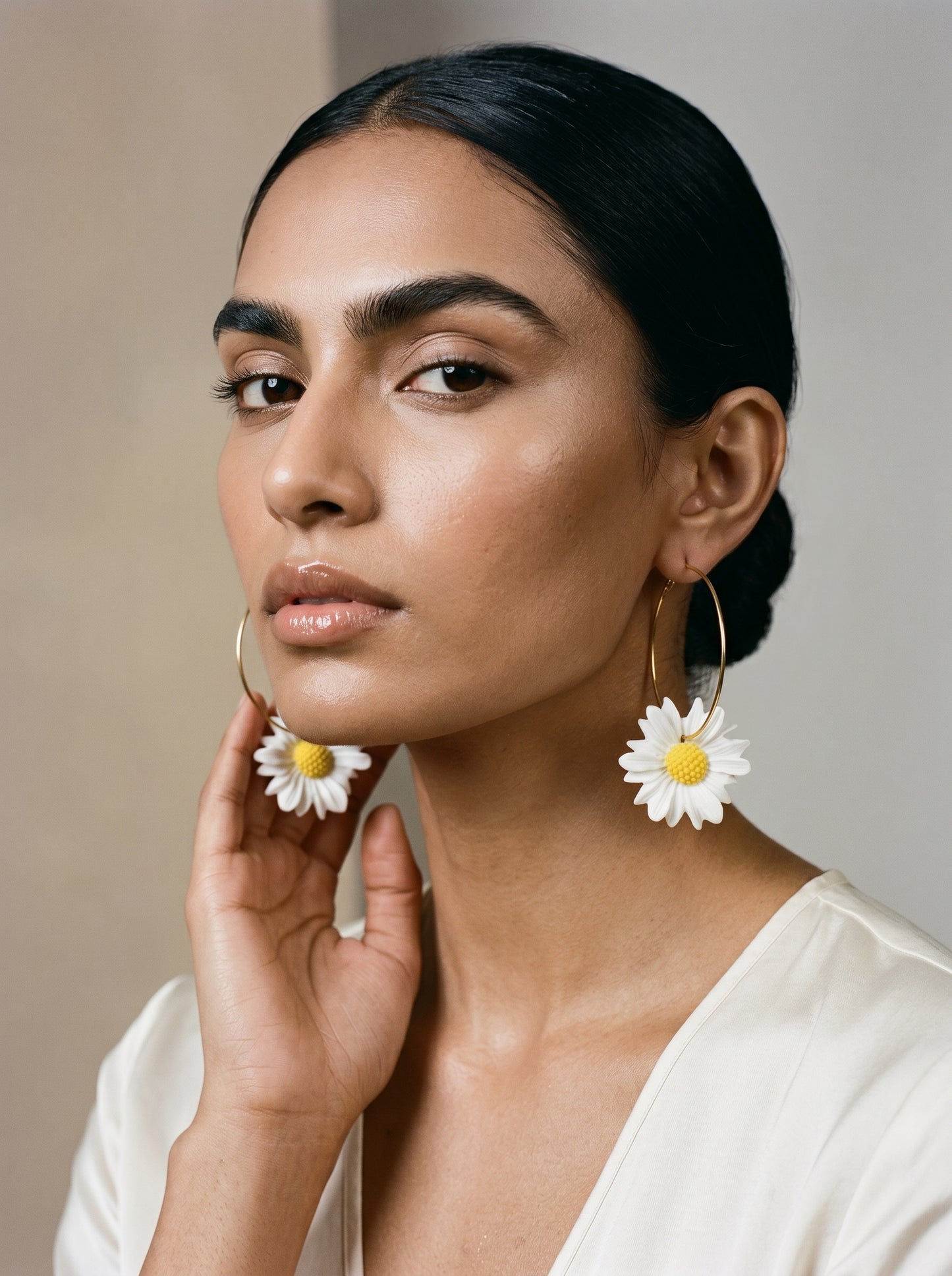 Daisy Hoop Statement Earrings — White Bloom on Gold Hoops