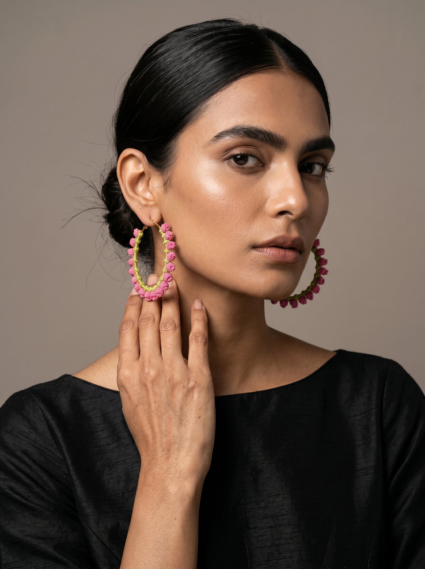 Pink Blossom Crochet Hoops — Hot Pink & Lime Floral Earrings