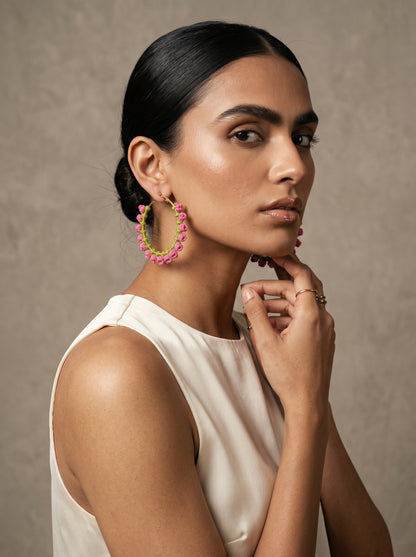 Pink Blossom Crochet Hoops — Hot Pink & Lime Floral Earrings