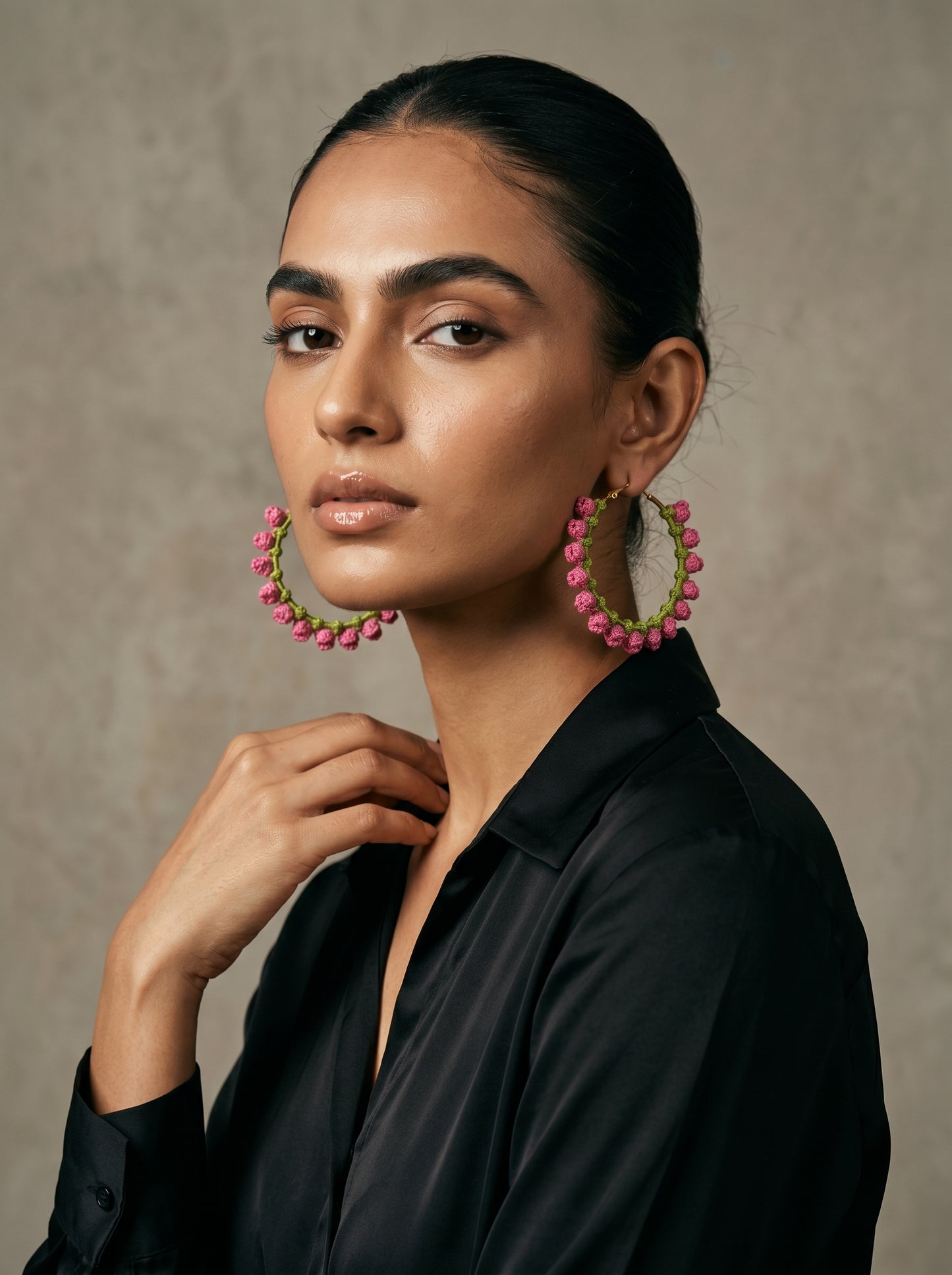 Pink Blossom Crochet Hoops — Hot Pink & Lime Floral Earrings