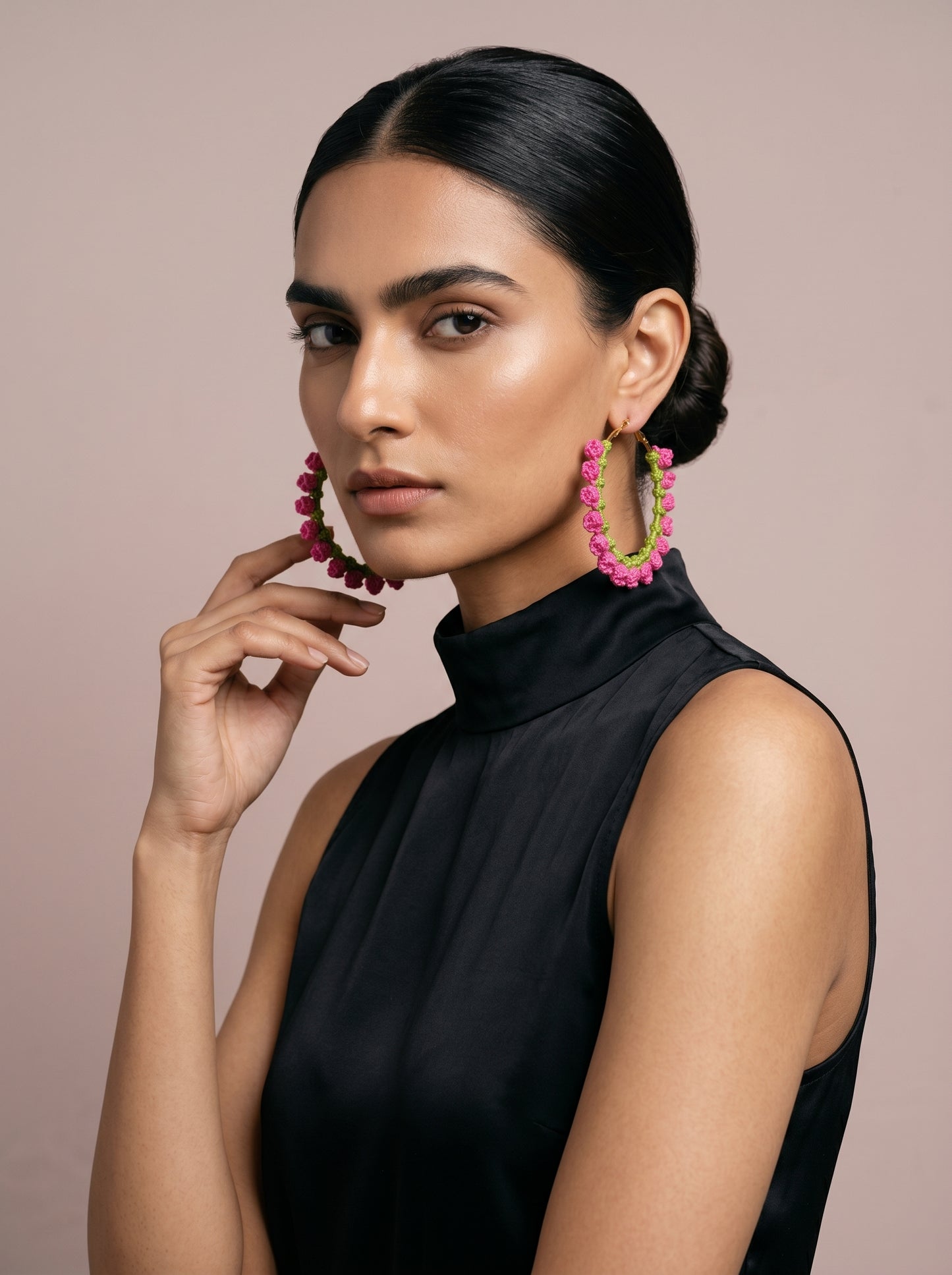 Pink Blossom Crochet Hoops — Hot Pink & Lime Floral Earrings