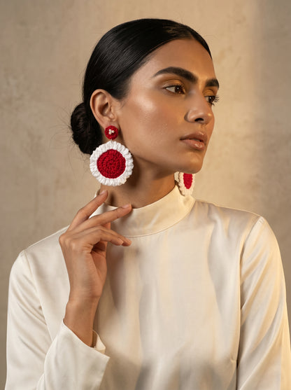 Festive Red Crochet Statement Earrings — Pearl Detail