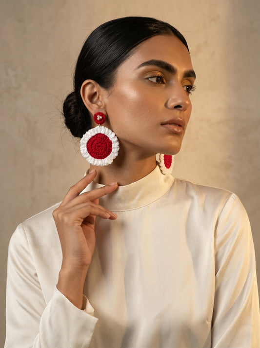 Festive Red Crochet Statement Earrings — Pearl Detail