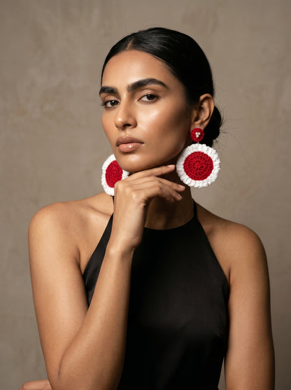 Festive Red Crochet Statement Earrings — Pearl Detail