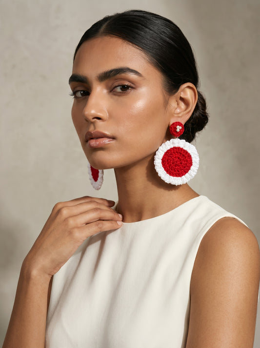 Festive Red Crochet Statement Earrings — Pearl Detail