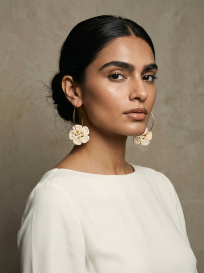Ivory Bloom Crochet Hoops — Handmade Flower & Gold Bead Earrings