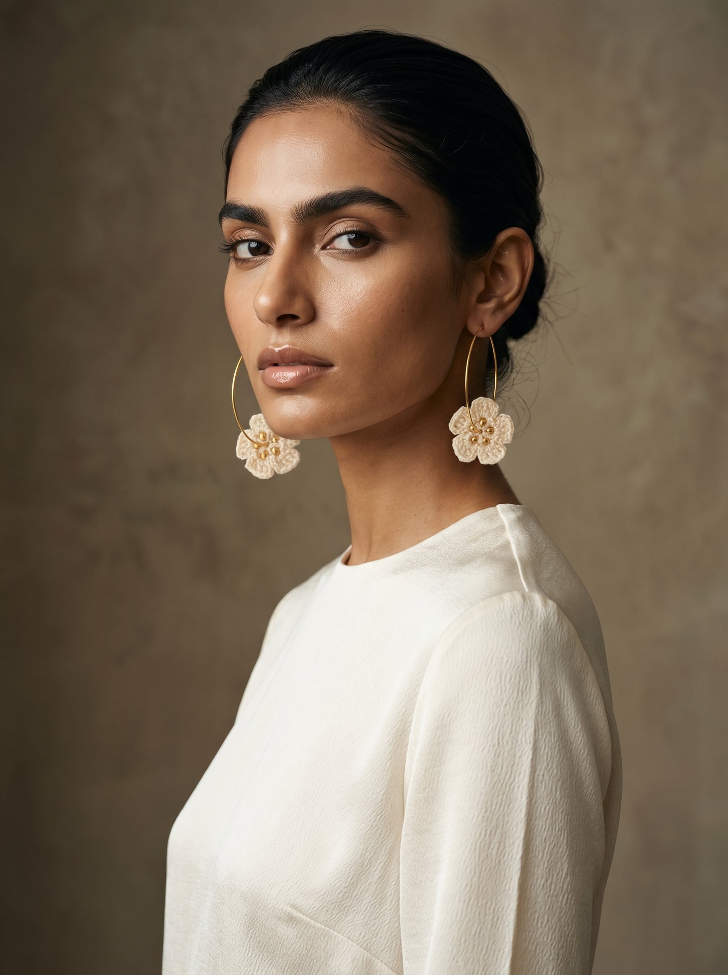 Ivory Bloom Crochet Hoops — Handmade Flower & Gold Bead Earrings
