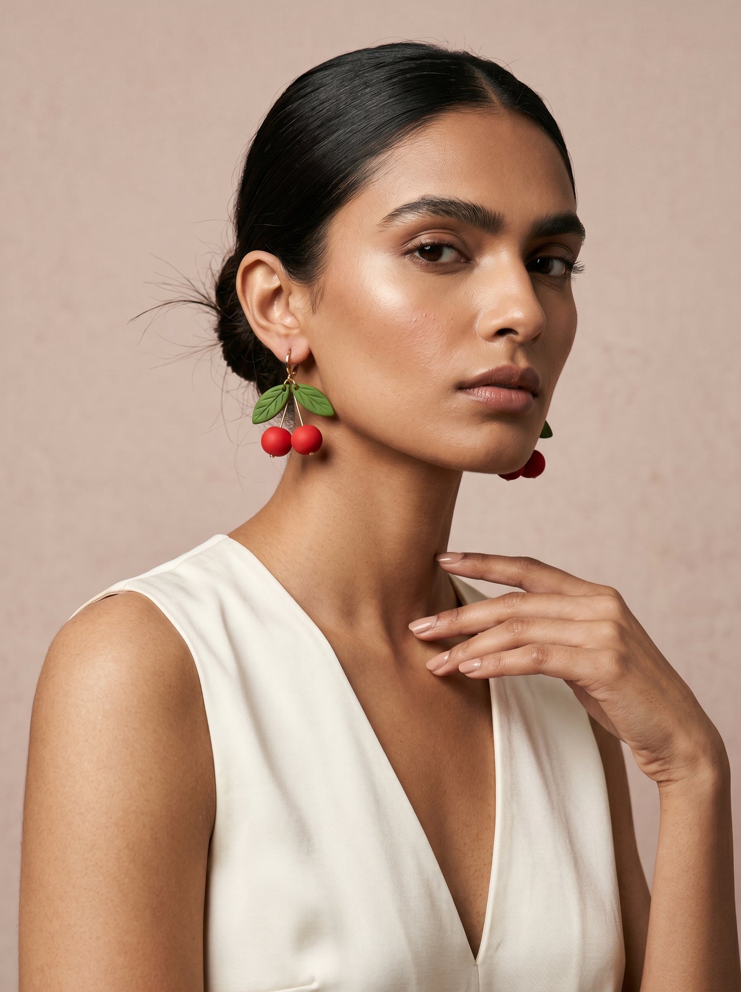 Cherry Drop Earrings — Handcrafted Clay Cherries on Gold Huggies