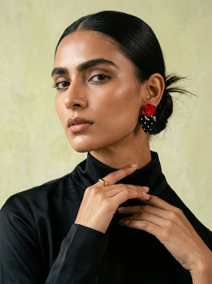 Rosa Heart Statement Studs — Red Rose & Black Polka Dot