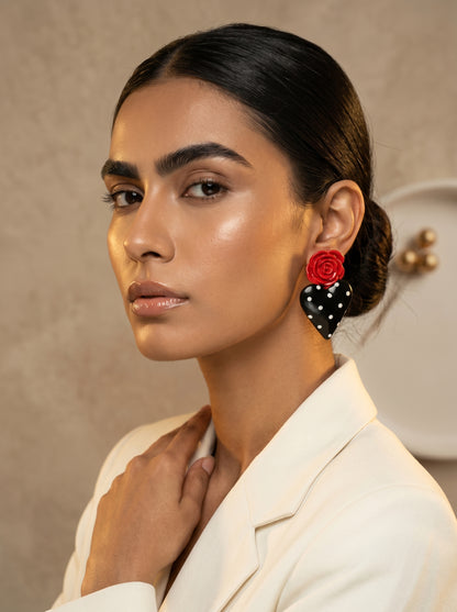 Rosa Heart Statement Studs — Red Rose & Black Polka Dot