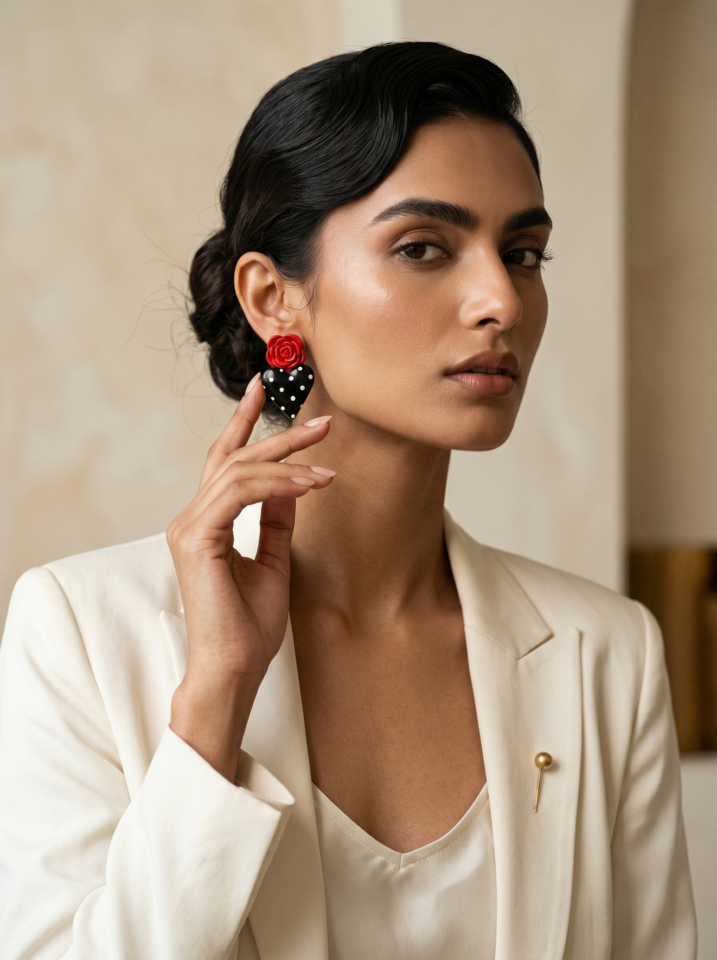 Rosa Heart Statement Studs — Red Rose & Black Polka Dot
