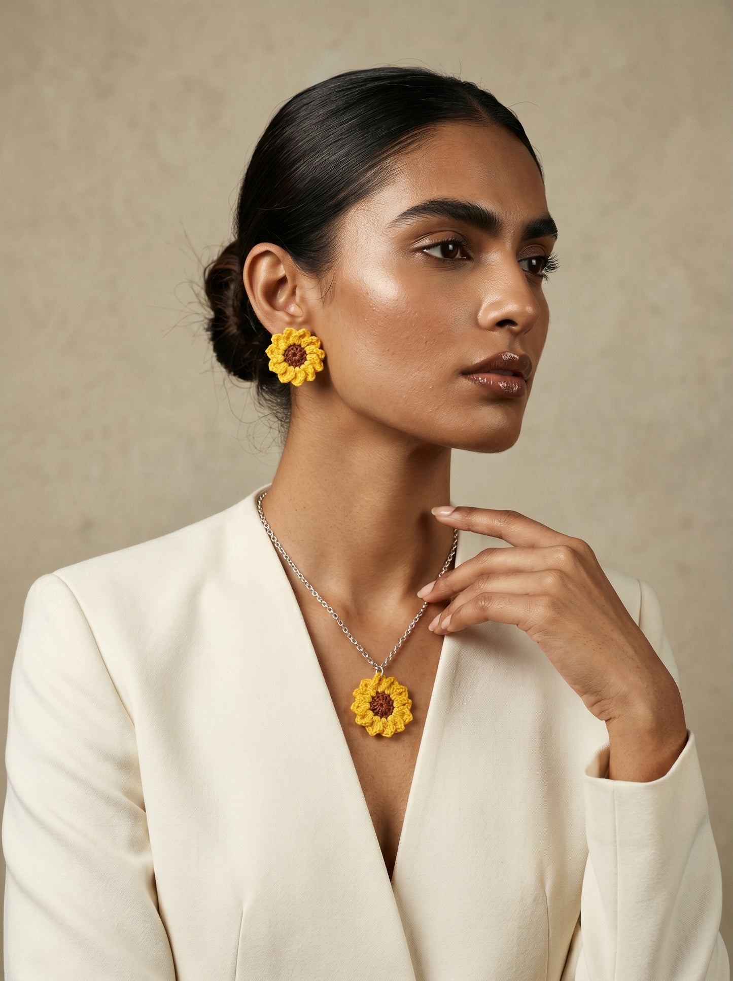 Sunflower Crochet Jewellery Set — Handmade Necklace & Earrings