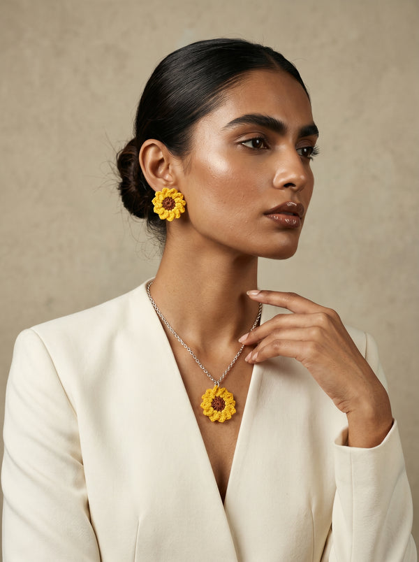 Sunflower Crochet Jewellery Set — Handmade Necklace & Earrings