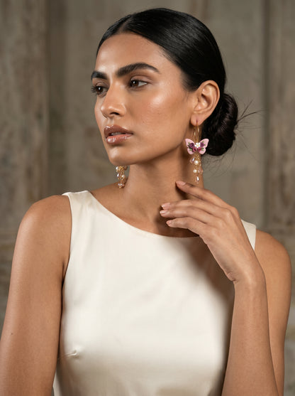 Mauve Butterfly Floral Dangle Earrings — Crystal & Pearl Drop