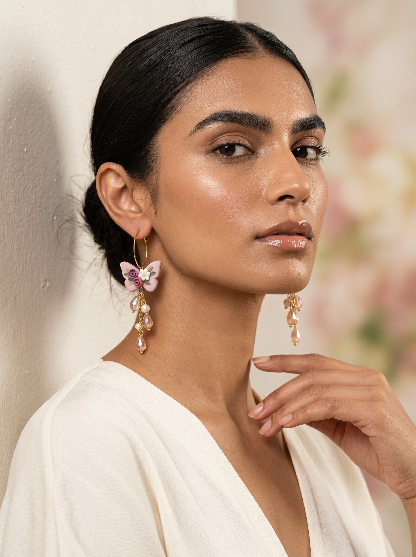 Mauve Butterfly Floral Dangle Earrings — Crystal & Pearl Drop