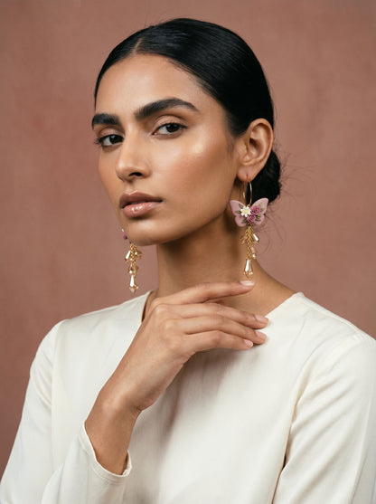 Mauve Butterfly Floral Dangle Earrings — Crystal & Pearl Drop