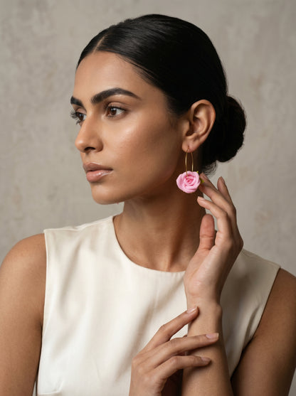Blush Rose Hoop Earrings — Handcrafted Clay Roses on Gold Hoops