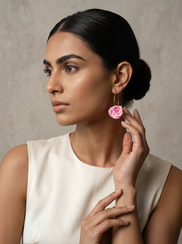 Blush Rose Hoop Earrings — Handcrafted Clay Roses on Gold Hoops
