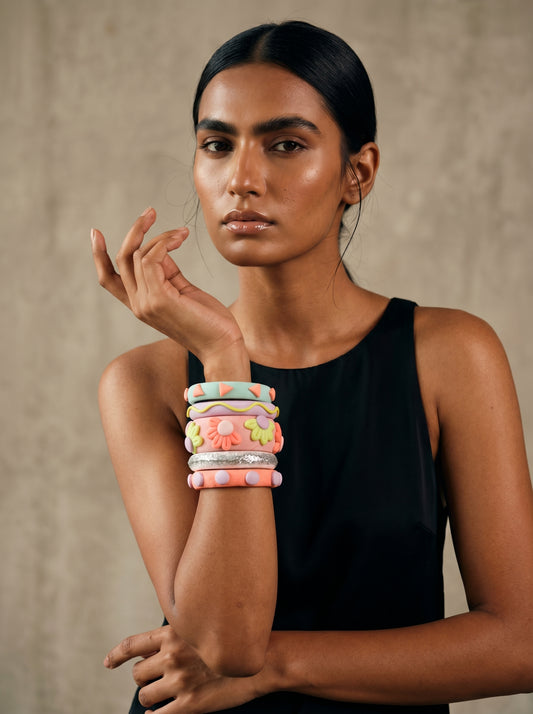 Daisy Meadow Clay Bangle Stack — Hand-Sculpted Floral Set