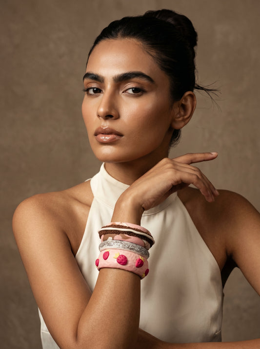 Strawberry Dream Clay Bangle Stack — Handcrafted Polymer Clay