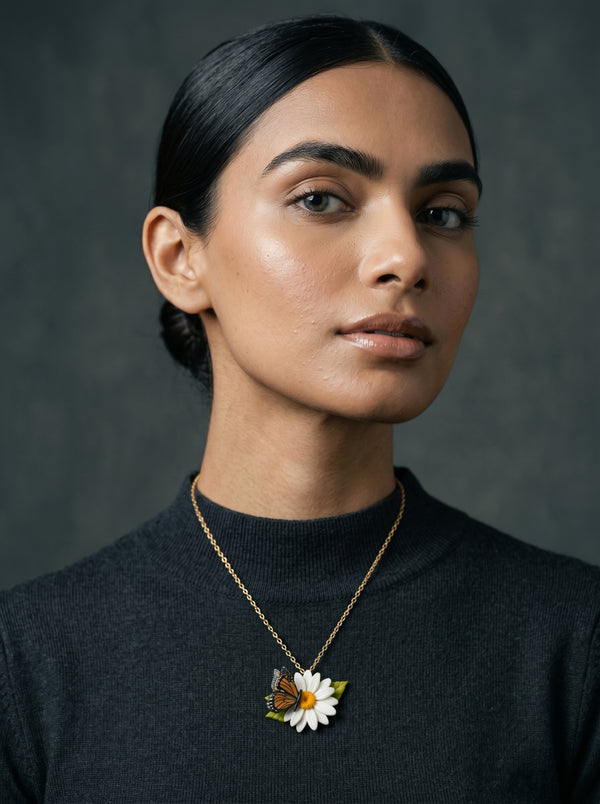 Monarch Daisy Pendant Necklace — Butterfly & Bloom on Gold Chain