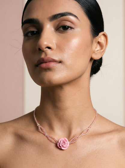 Pink Rose Beaded Choker — Sculpted Rose on Blush Bead Strands