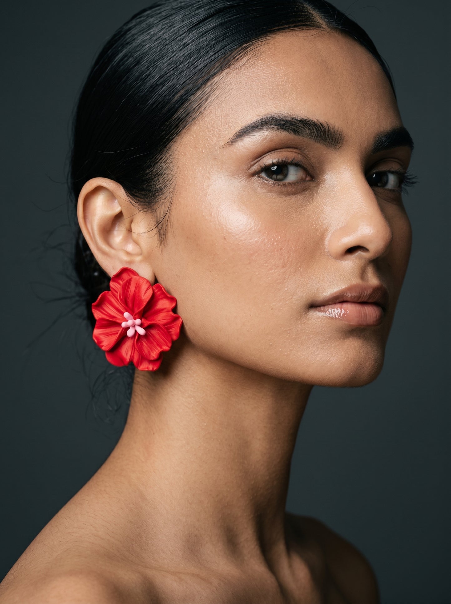 Red Hibiscus Statement Studs — Tropical Bloom Flower Earrings