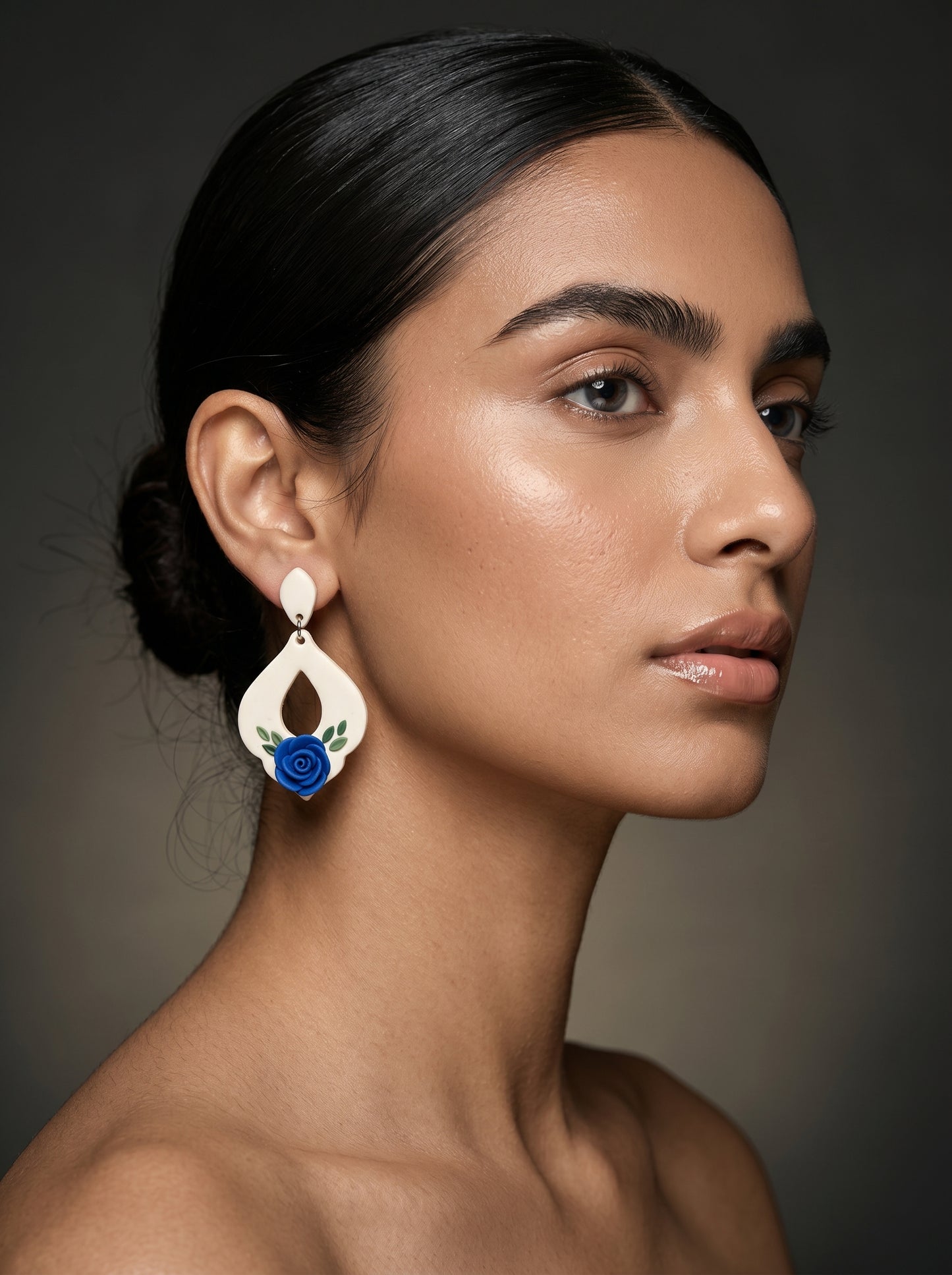 Blue Rose Teardrop Earrings — White Drop with Sculpted Rose