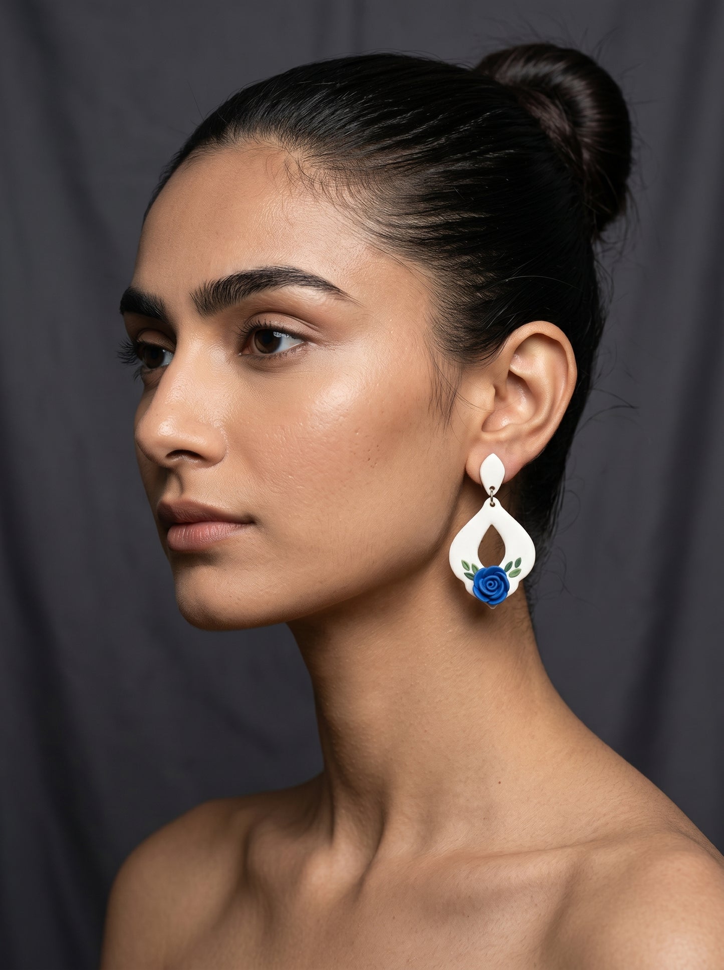 Blue Rose Teardrop Earrings — White Drop with Sculpted Rose