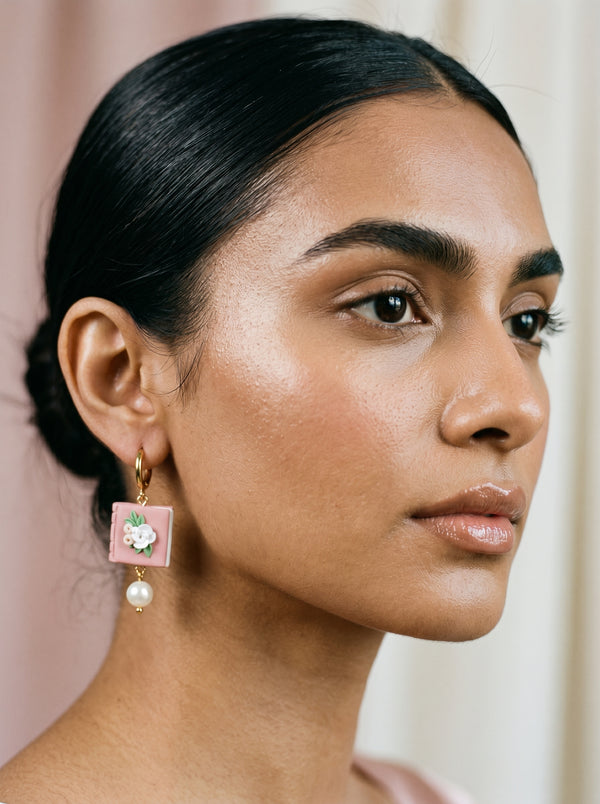 Rosé Book & Pearl Earrings — Floral Clay Book with Pearl Drop