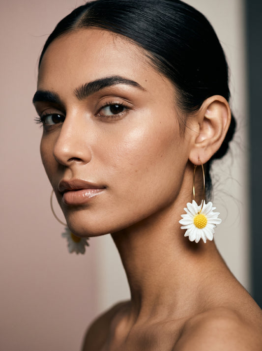 Daisy Hoop Statement Earrings — White Bloom on Gold Hoops