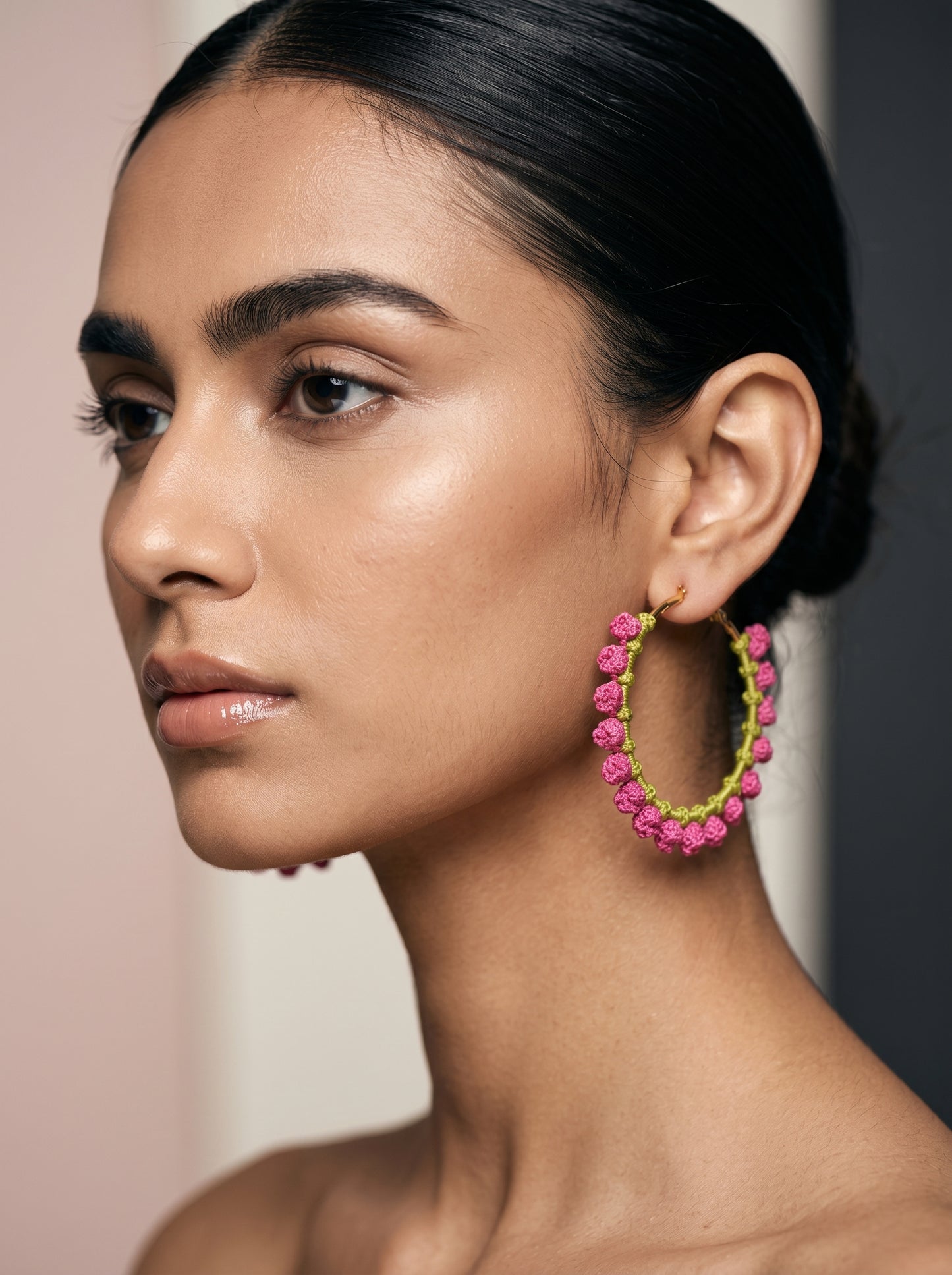 Pink Blossom Crochet Hoops — Hot Pink & Lime Floral Earrings