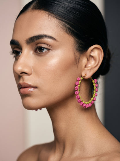 Pink Blossom Crochet Hoops — Hot Pink & Lime Floral Earrings