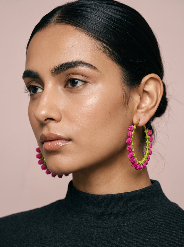 Pink Blossom Crochet Hoops — Hot Pink & Lime Floral Earrings