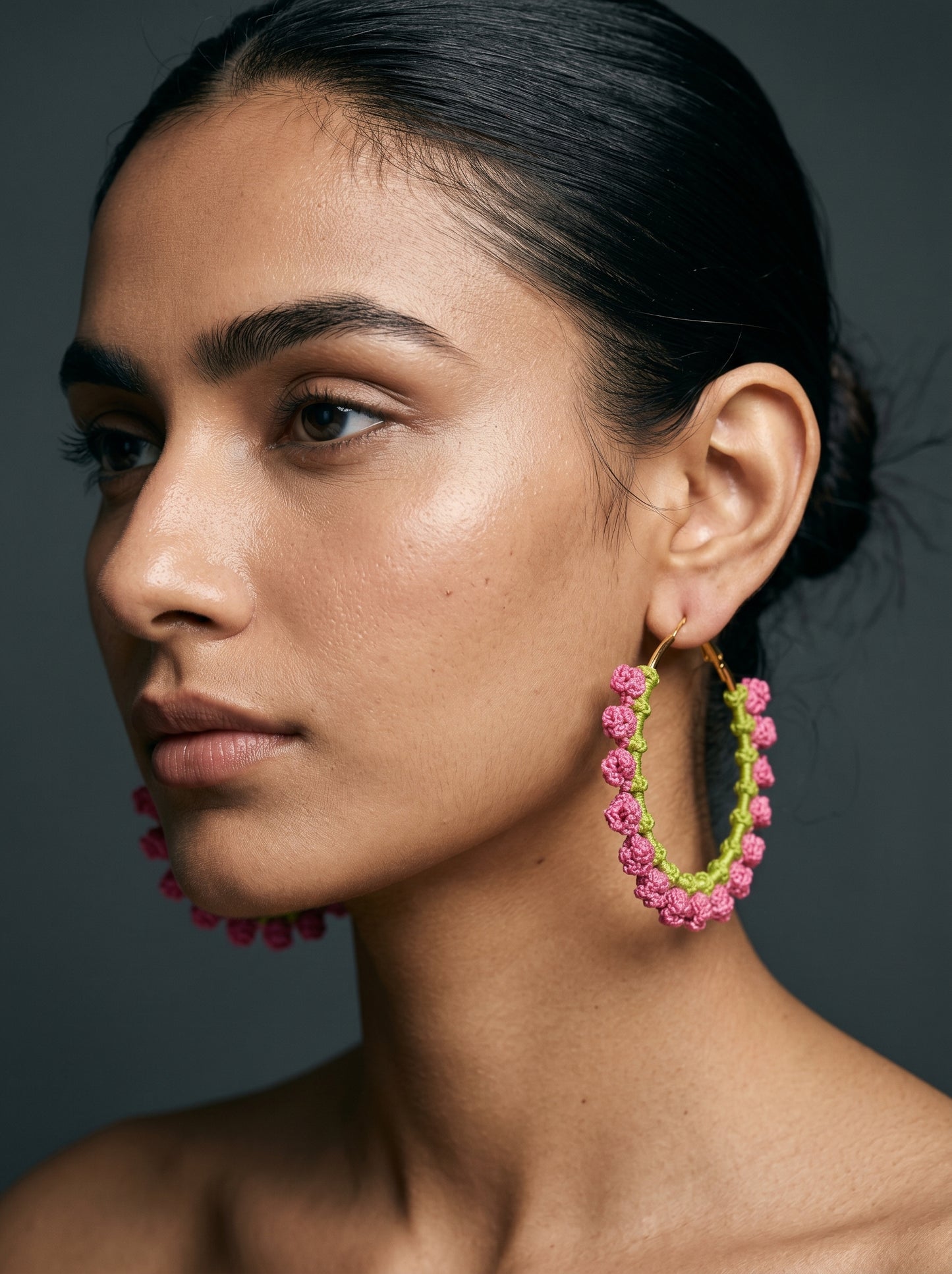 Pink Blossom Crochet Hoops — Hot Pink & Lime Floral Earrings