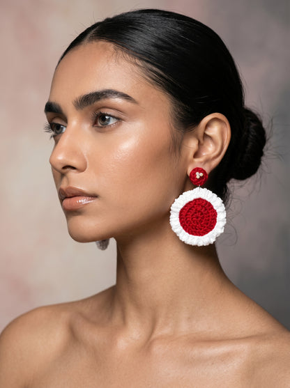 Festive Red Crochet Statement Earrings — Pearl Detail