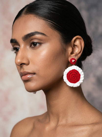 Festive Red Crochet Statement Earrings — Pearl Detail