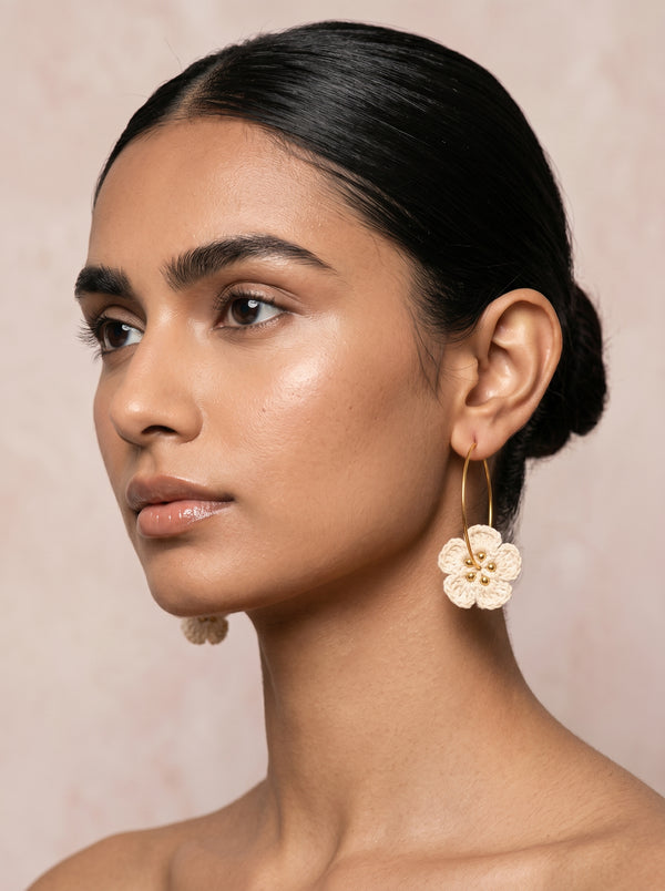 Ivory Bloom Crochet Hoops — Handmade Flower & Gold Bead Earrings
