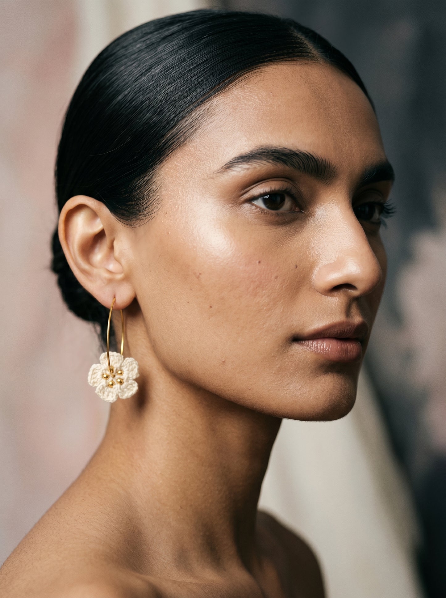 Ivory Bloom Crochet Hoops — Handmade Flower & Gold Bead Earrings