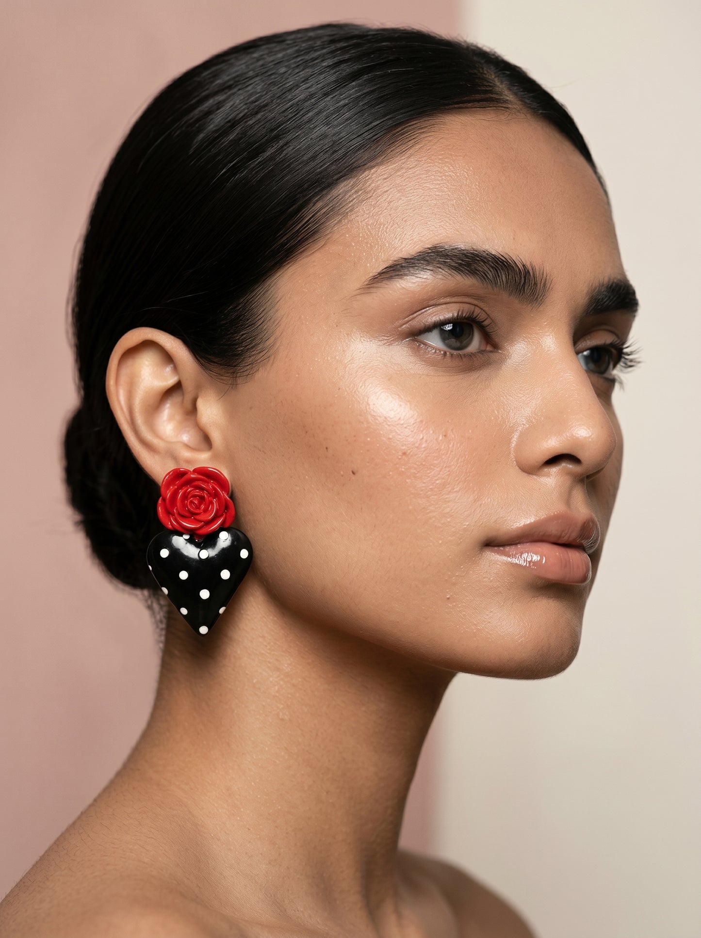 Rosa Heart Statement Studs — Red Rose & Black Polka Dot