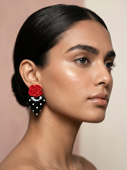Rosa Heart Statement Studs — Red Rose & Black Polka Dot