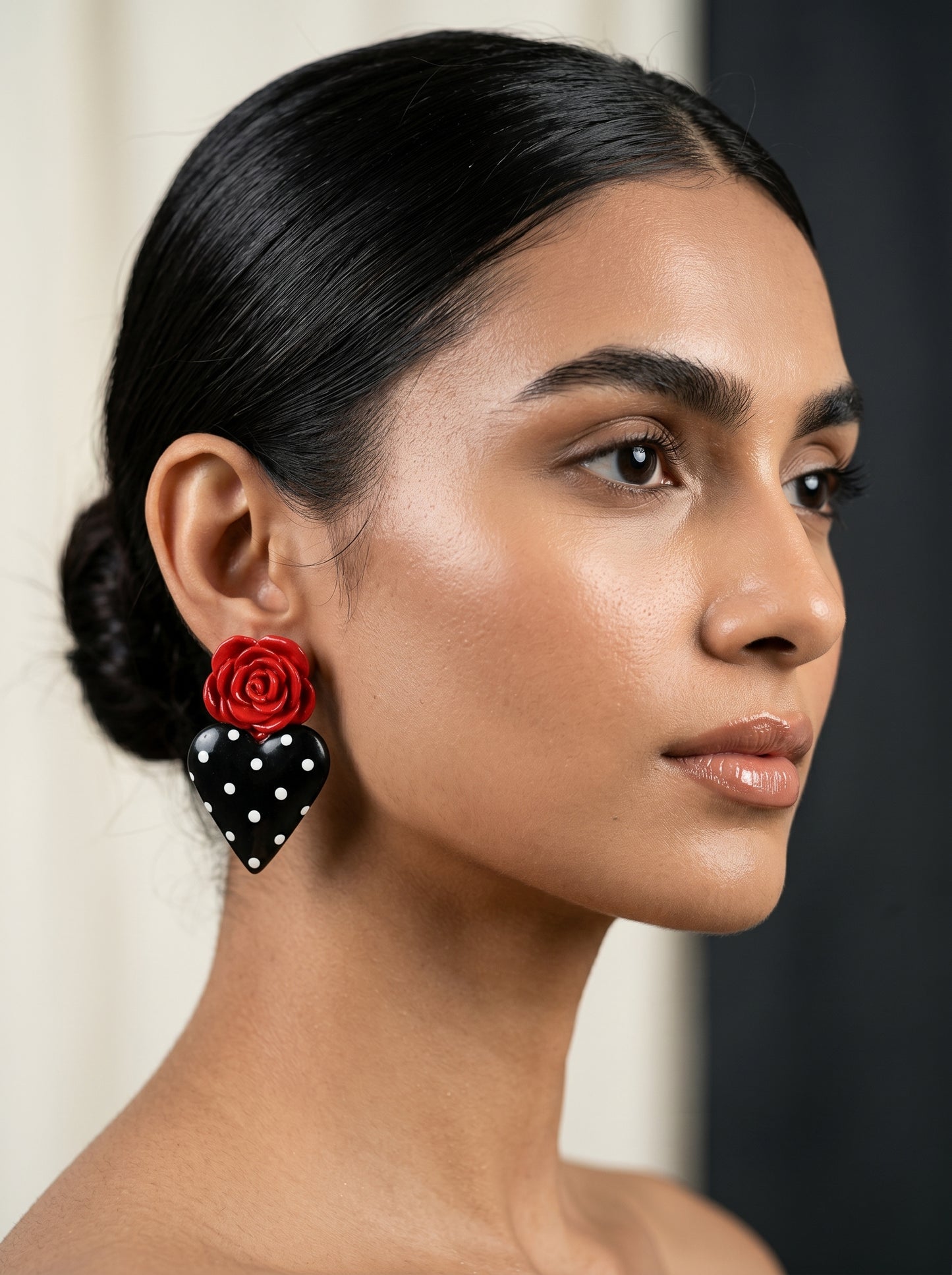 Rosa Heart Statement Studs — Red Rose & Black Polka Dot