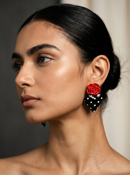 Rosa Heart Statement Studs — Red Rose & Black Polka Dot