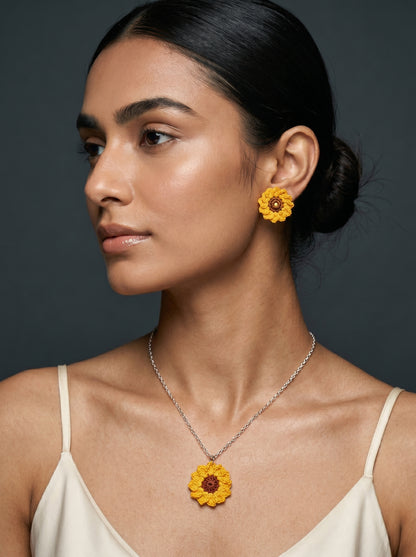 Sunflower Crochet Jewellery Set — Handmade Necklace & Earrings