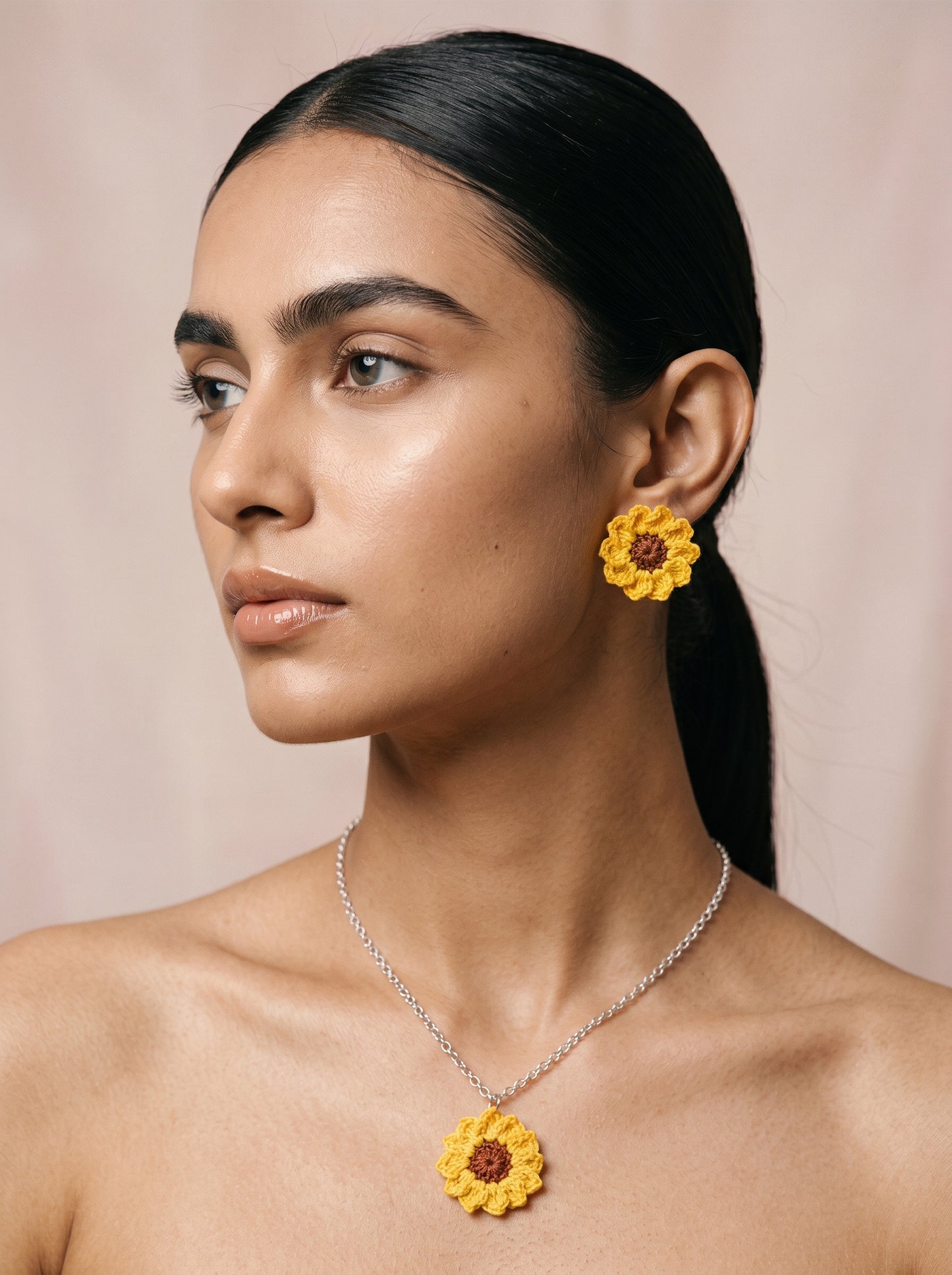 Sunflower Crochet Jewellery Set — Handmade Necklace & Earrings