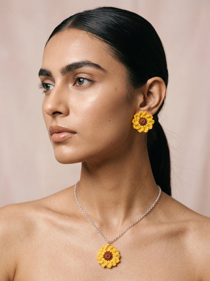 Sunflower Crochet Jewellery Set — Handmade Necklace & Earrings