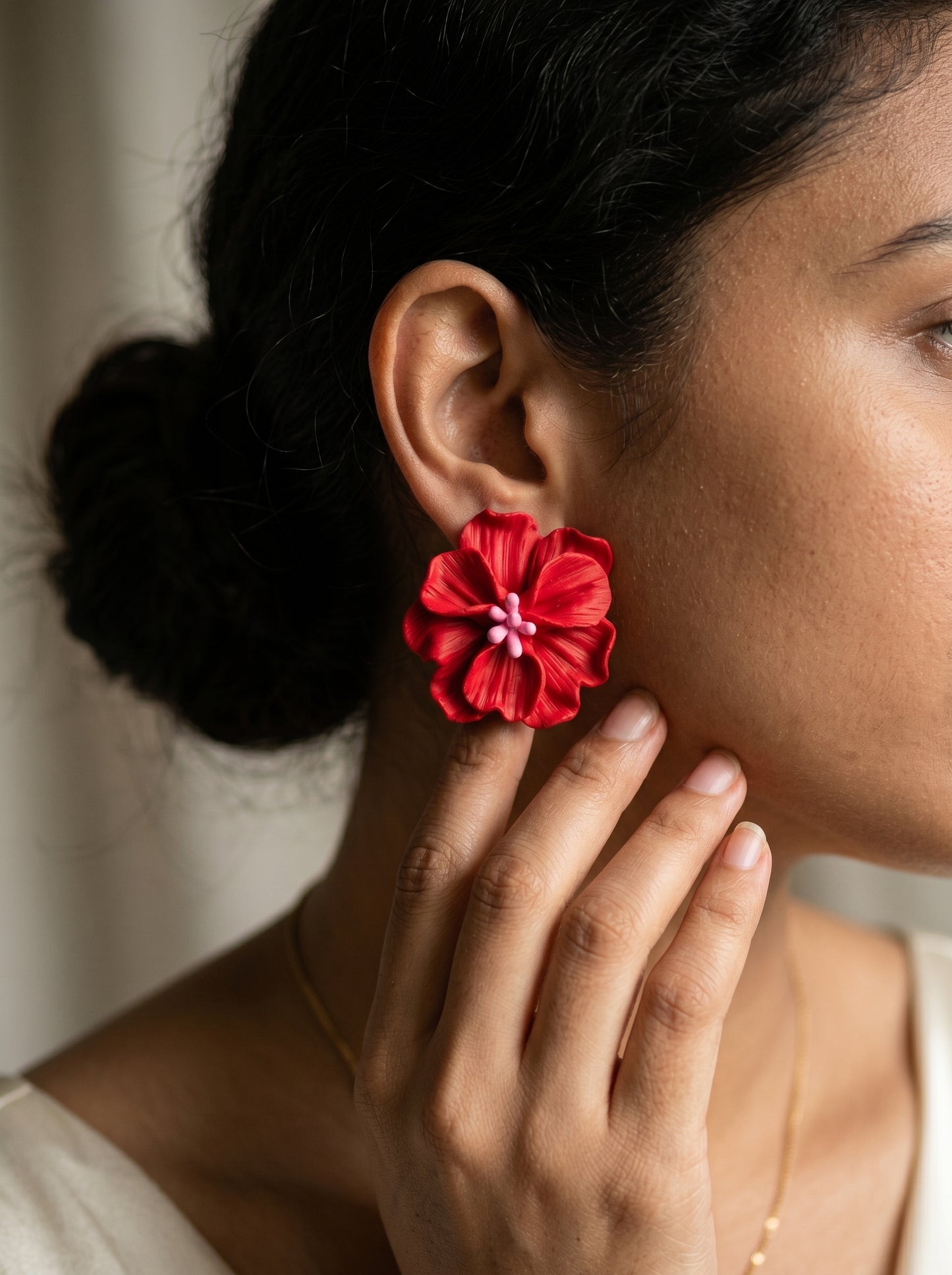Red Hibiscus Statement Studs — Tropical Bloom Flower Earrings