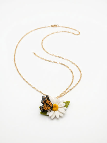 Monarch Daisy Pendant Necklace — Butterfly & Bloom on Gold Chain