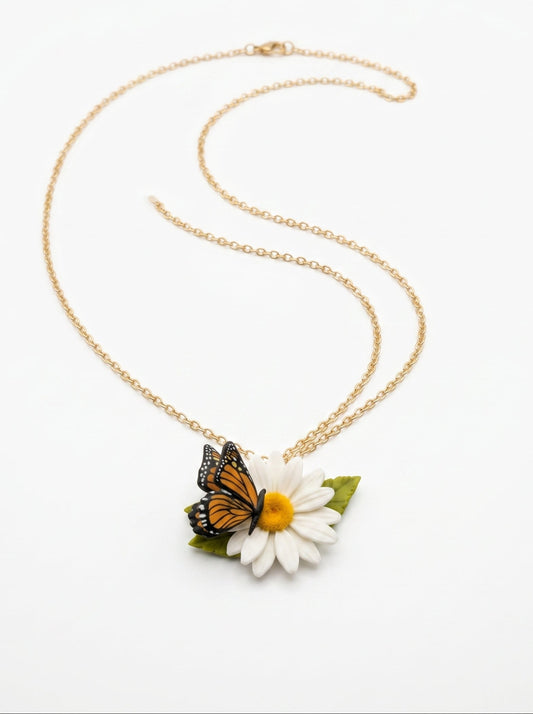 Monarch Daisy Pendant Necklace — Butterfly & Bloom on Gold Chain