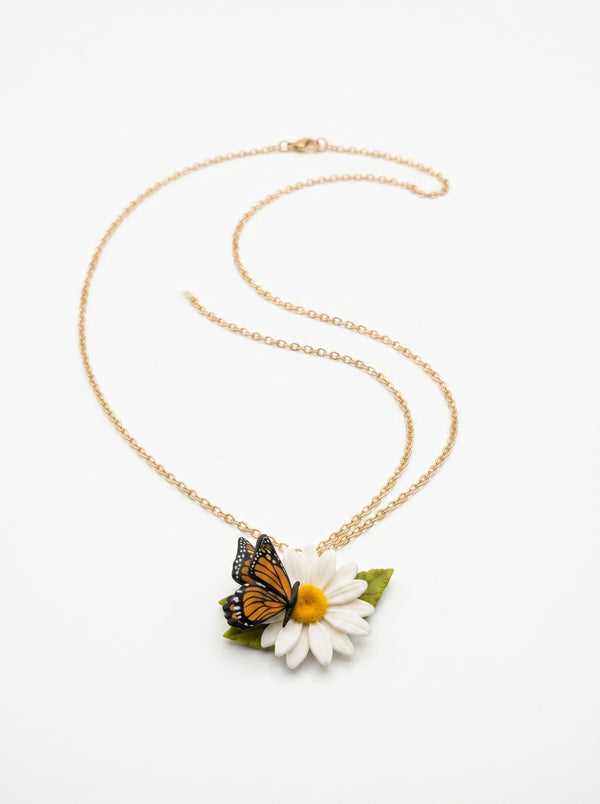 Monarch Daisy Pendant Necklace — Butterfly & Bloom on Gold Chain